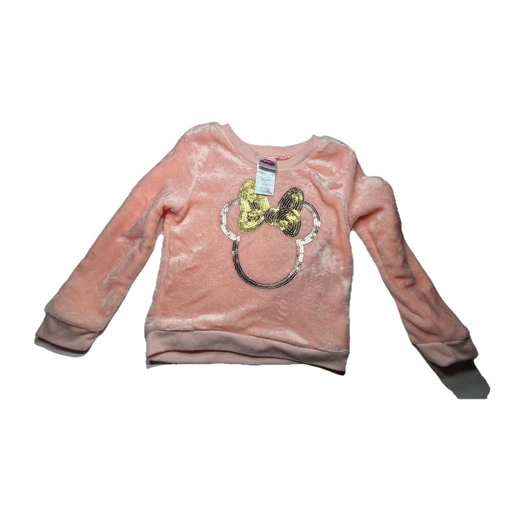 Disney JR Minnie Mouse Girls Sweater Size 4T Faux Fur Pink Sequin Bow,